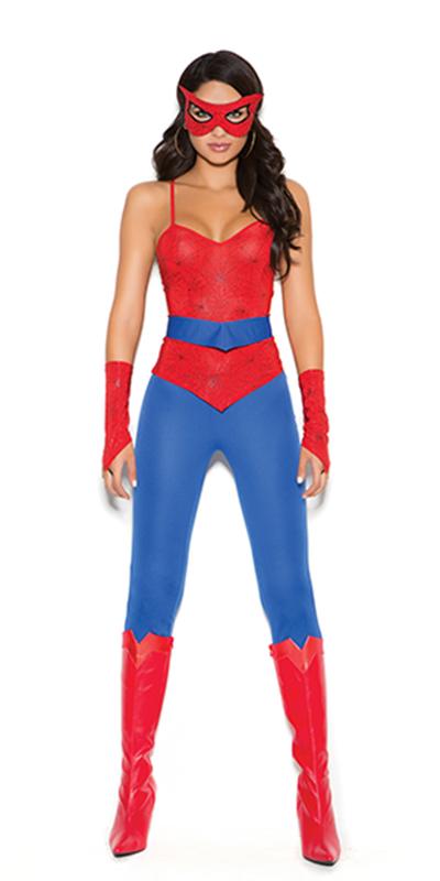 Woman in Sexy Spider Woman Superhero Costume, featuring a spiderweb cami top, matching pants, belt, mask, and fingerless gloves, perfect for cosplay or Halloween.