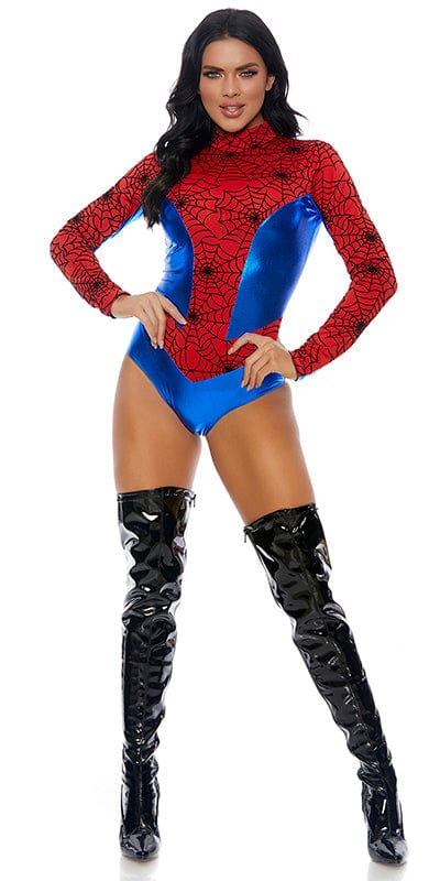 Woman wearing Sexy Spidey Senses Superhero Costume, featuring a metallic bodysuit with spider print and knee-high boots, embodying a superhero aesthetic.