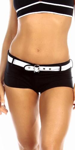Black low-rise gym shorts with white belt, square buckle, and contrast trim
