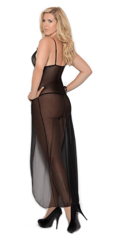 Sexy Stare Plus Size Black Mesh and Lace Slit Gown and G-String Musotica.com