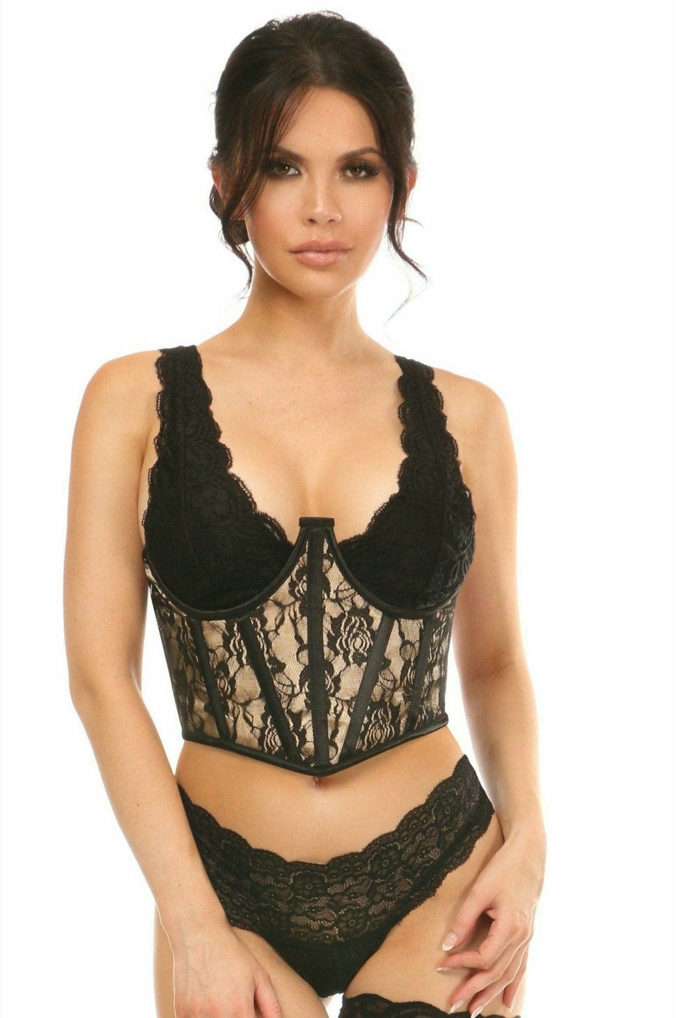 Sexy Tan with Black Lace Overlay Open Cup Waist Cincher Musotica.com