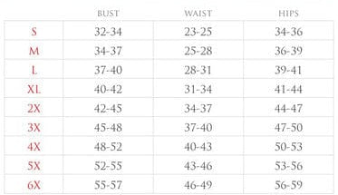 Corset size chart table with bust, waist, and hip measurements