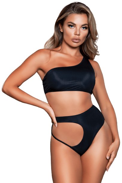 Woman modeling the Sexy Two Piece High Waist Cut Out Gamora Swimsuit featuring a one-shoulder cropped top and hip cut-out high-waisted bottoms.