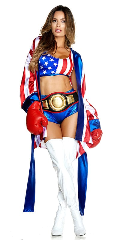 Woman wearing the Sexy USA Champ Boxer Halloween Costume, featuring a stars and stripes sports bra, blue metallic shorts, silky hooded robe, and visible belt.