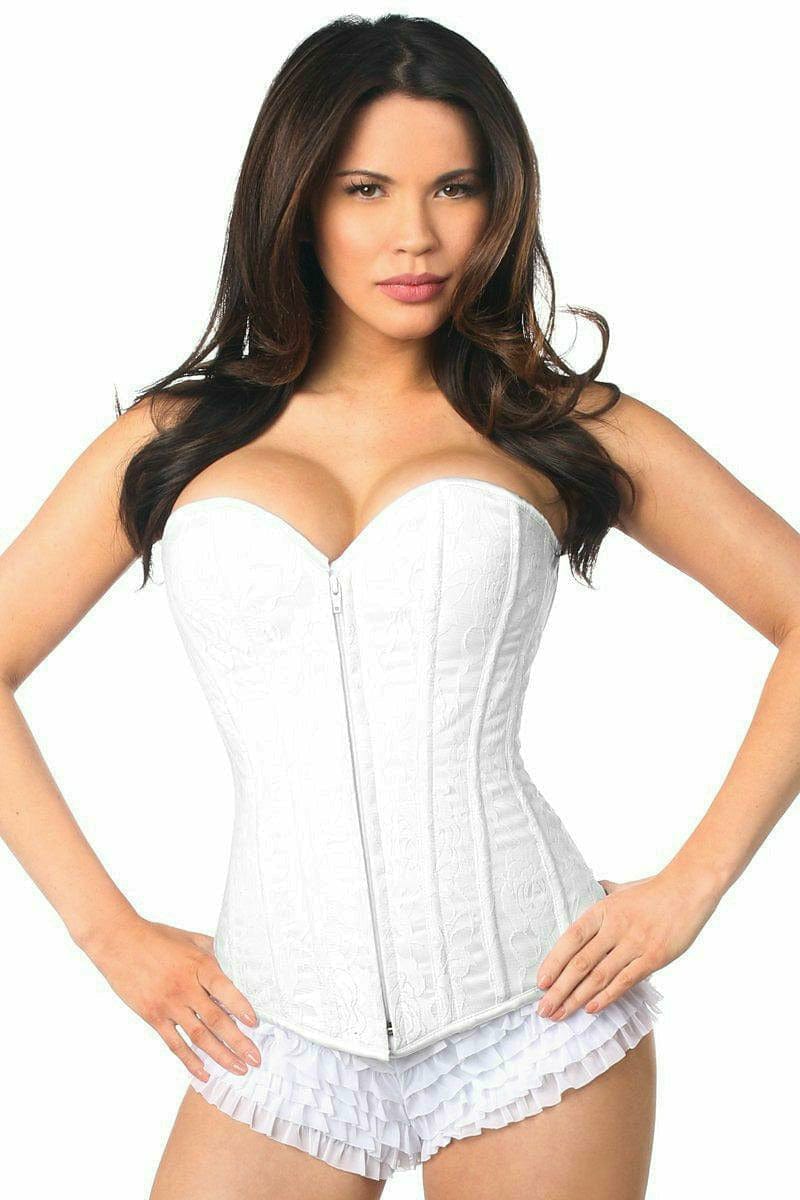 Woman modeling the Sexy White Lace Overbust Corset with Zipper, featuring a lace overlay, premium zipper closure, and supportive boning for a luxurious bridal look.