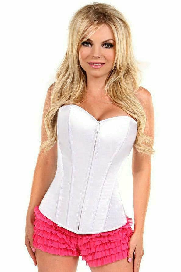 Sexy White Sweetheart Front Zipper Corset showcased by a model, featuring a luxurious satin finish, sweetheart neckline, and supportive boning for a sleek silhouette.
