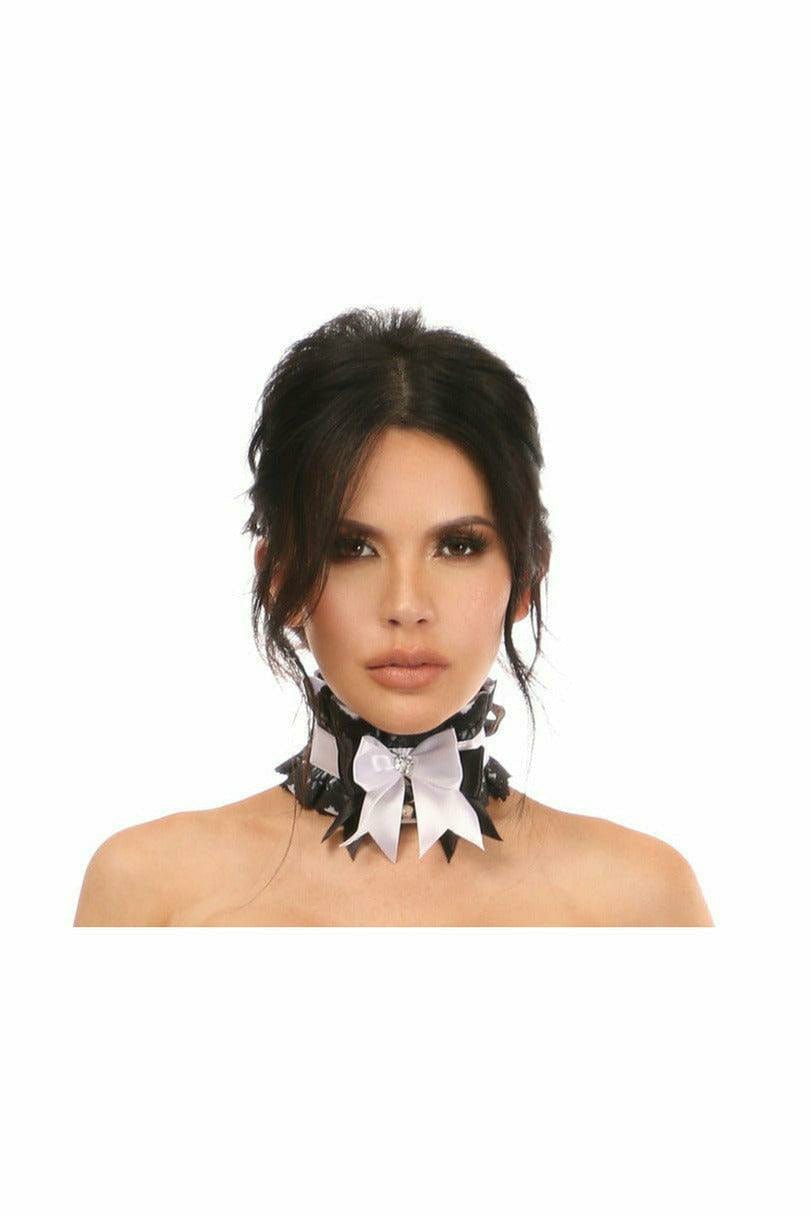 Sexy White with Black Lace Costume Choker adorned with rhinestones and bells, featuring a ribbon closure, elegantly showcased on a woman's neck.