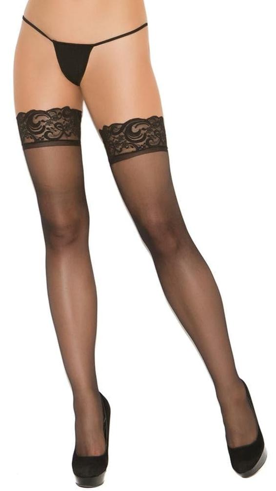 Sheer Back Seam Thigh Highs featuring a lace top worn by a model with long blonde hair, black lingerie, and long black gloves.