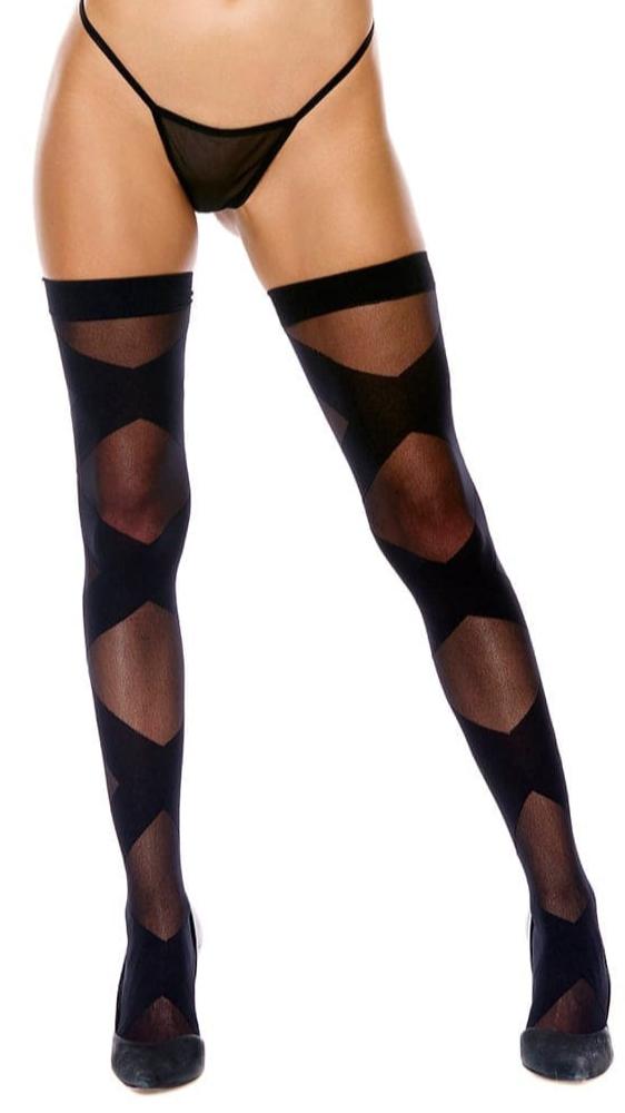 Woman modeling Sheer Black Opaque Bondage Pattern Thigh High Stockings, featuring bold design, in a lingerie photoshoot. Thong is not included.