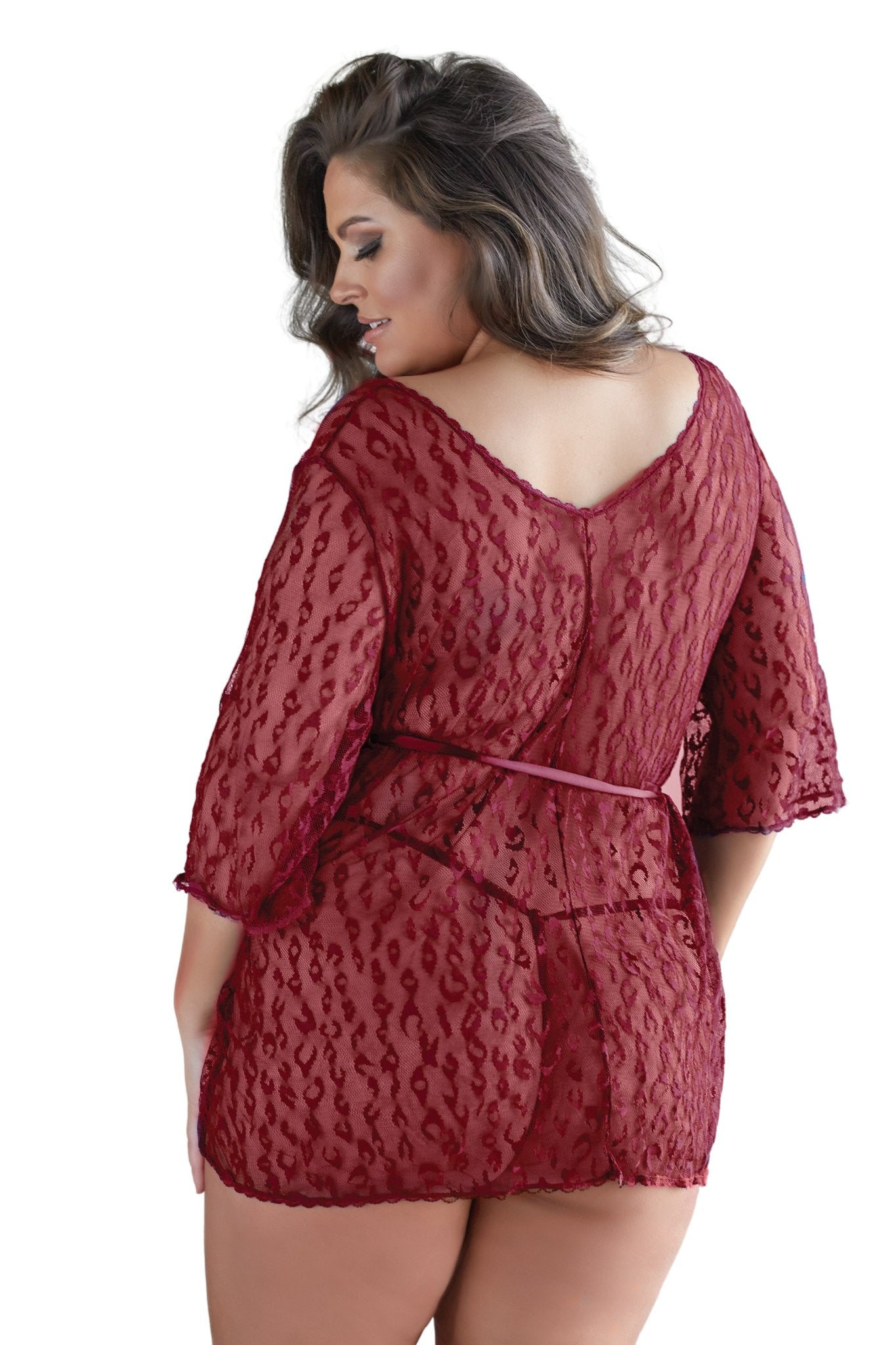 Sheer Burgundy Leopard Lace Plus Size Robe Musotica.com