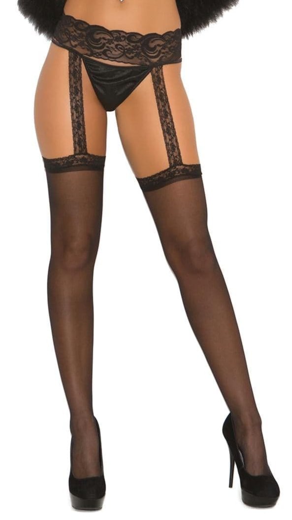 Woman wearing Sheer Garter Belt Stockings with lace garter belt attached, showcasing a stylish lingerie look. Panties and tops not included.