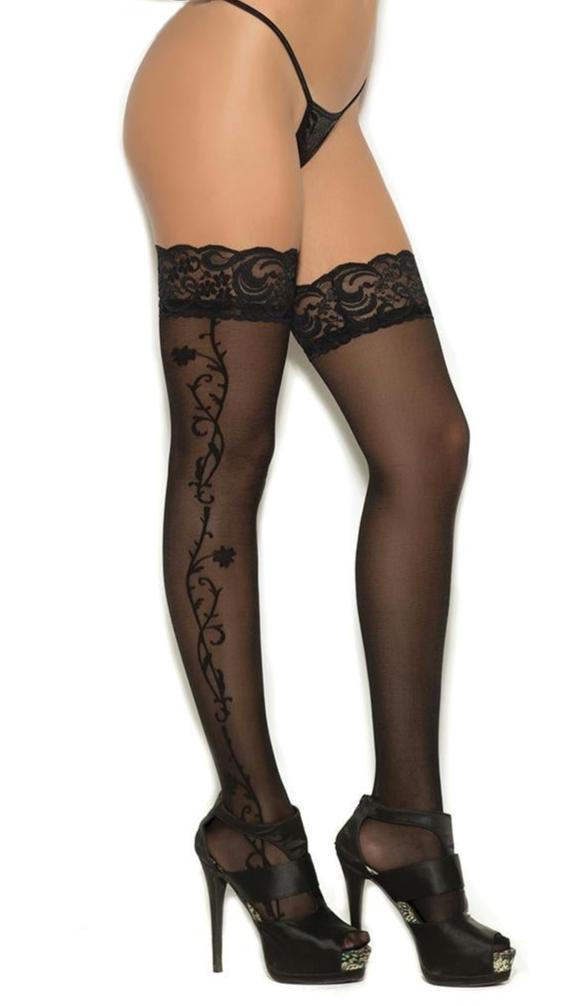 Sheer Thigh Highs with Side Floral Detail, worn by a woman, featuring delicate lace and floral appliqué, perfect for enhancing sexy ensembles.