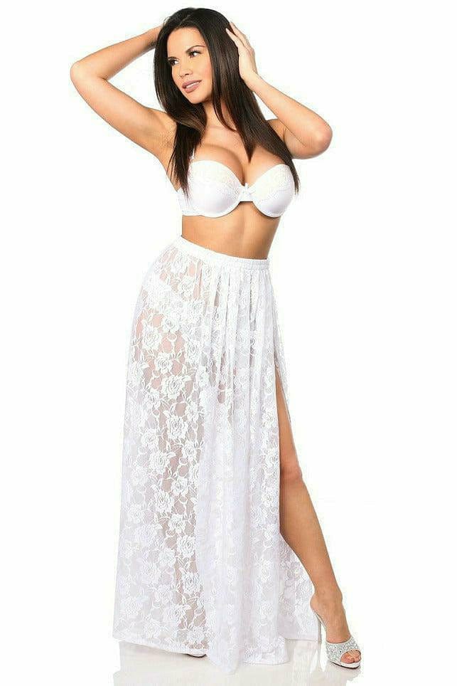 Woman wearing Sheer White Lace Maxi Skirt with side slit, showcased in a fashion shoot, highlighting its semi-sheer lace and elegant maxi length.