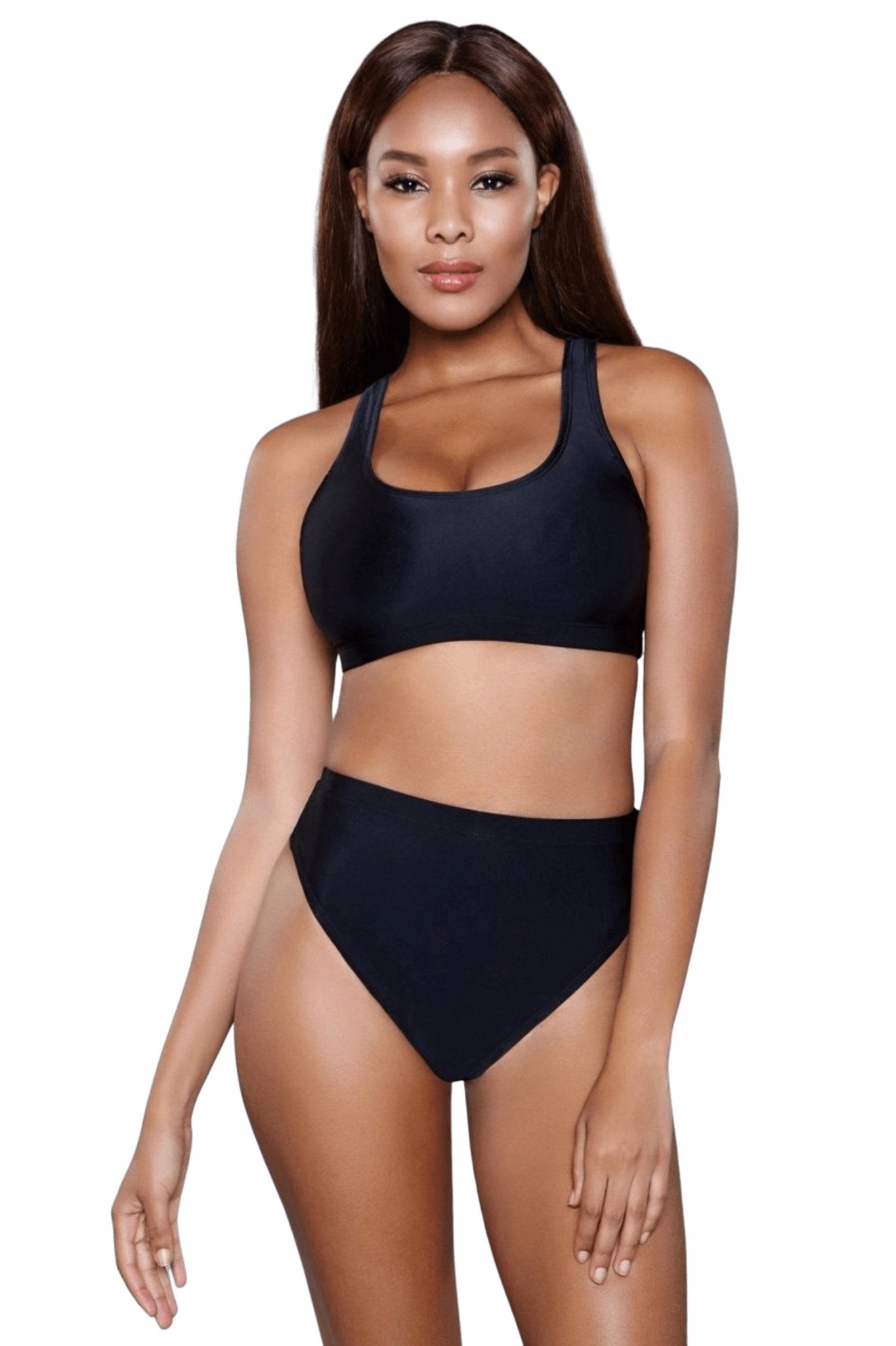 Woman modeling the Solid High Waist Two Piece Bikini, featuring a scoop neck crop top and high-waisted bottom, highlighting its stylish fit.