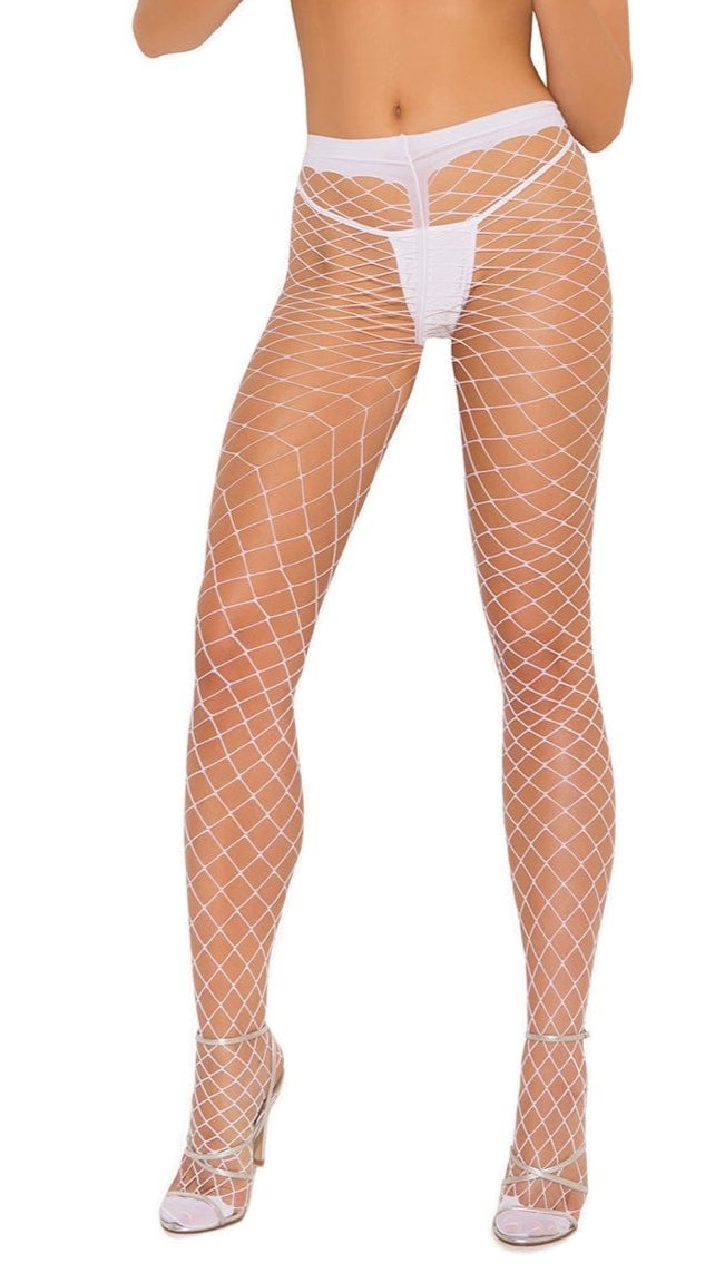 Spandex Diamond Net Pantyhose worn by a woman, showcasing a close-up of the fishnet pattern highlighting its elegant, stretchy design.