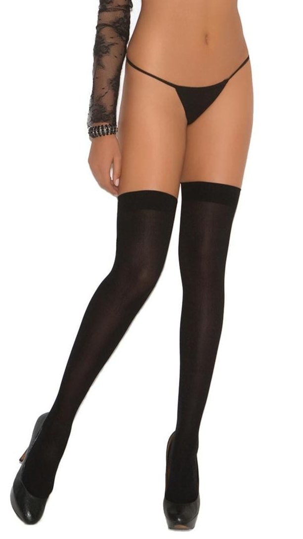 Thigh Highs with Bow & Lace Trim worn by a model, showcasing their opaque texture and decorative back bow, adding a seductive touch to lingerie.