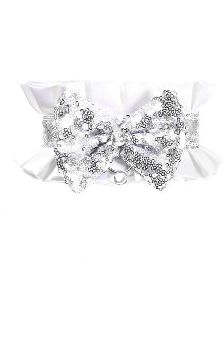 White Satin & Sequin Costume Choker featuring a large sequined bow, rhinestone details, and ribbon tie closure for a glamorous festival look.