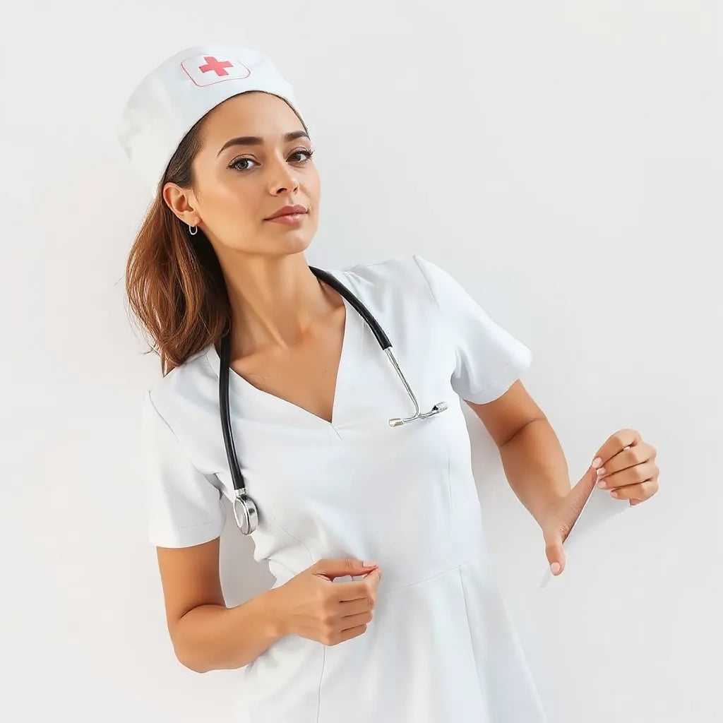 Adult woman wearing a white nurse dress with a matching cap and stethoscope against a clean neutral background