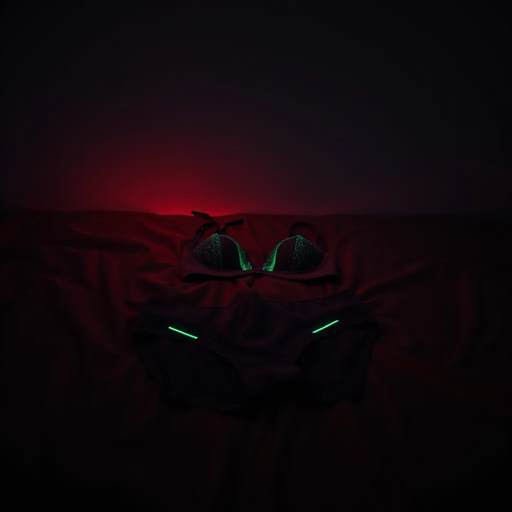 Glow-in-the-dark lingerie set with subtle bioluminescent light on dark satin fabric