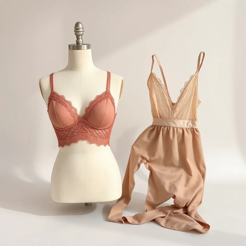 Two coordinated mesh lingerie sets with lace-trimmed bra and matching panty on a neutral studio background