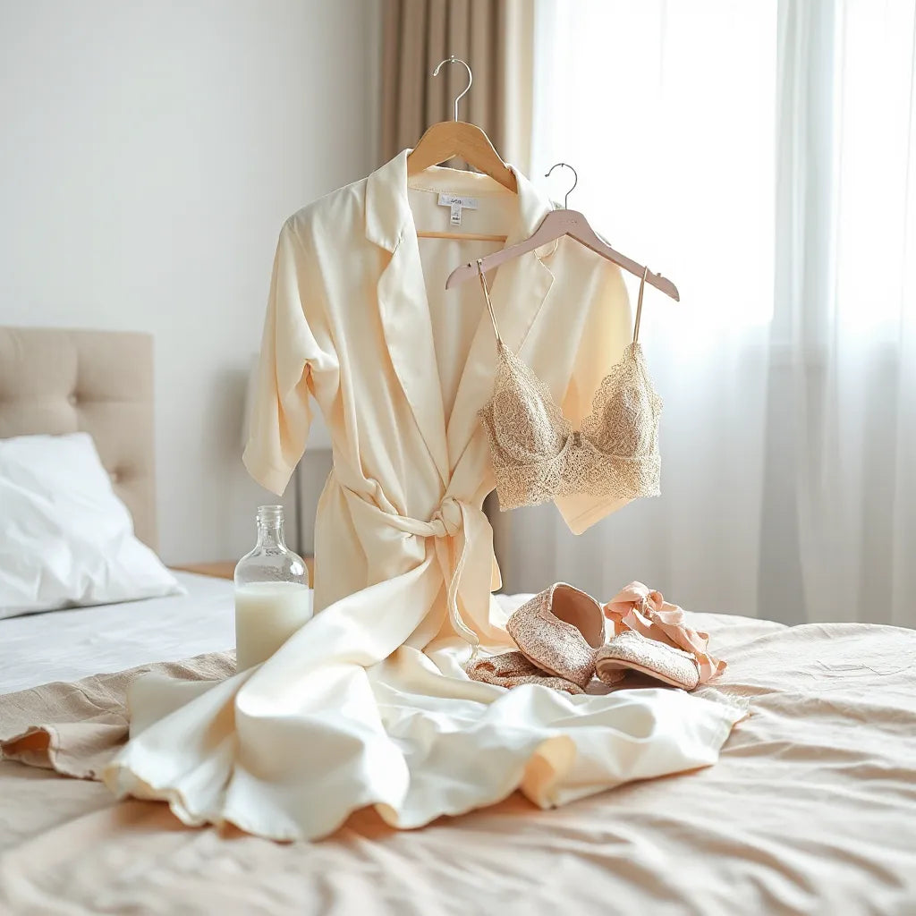 Neatly arranged lace lingerie on a satin robe with soft window light in a calm bedroom setting
