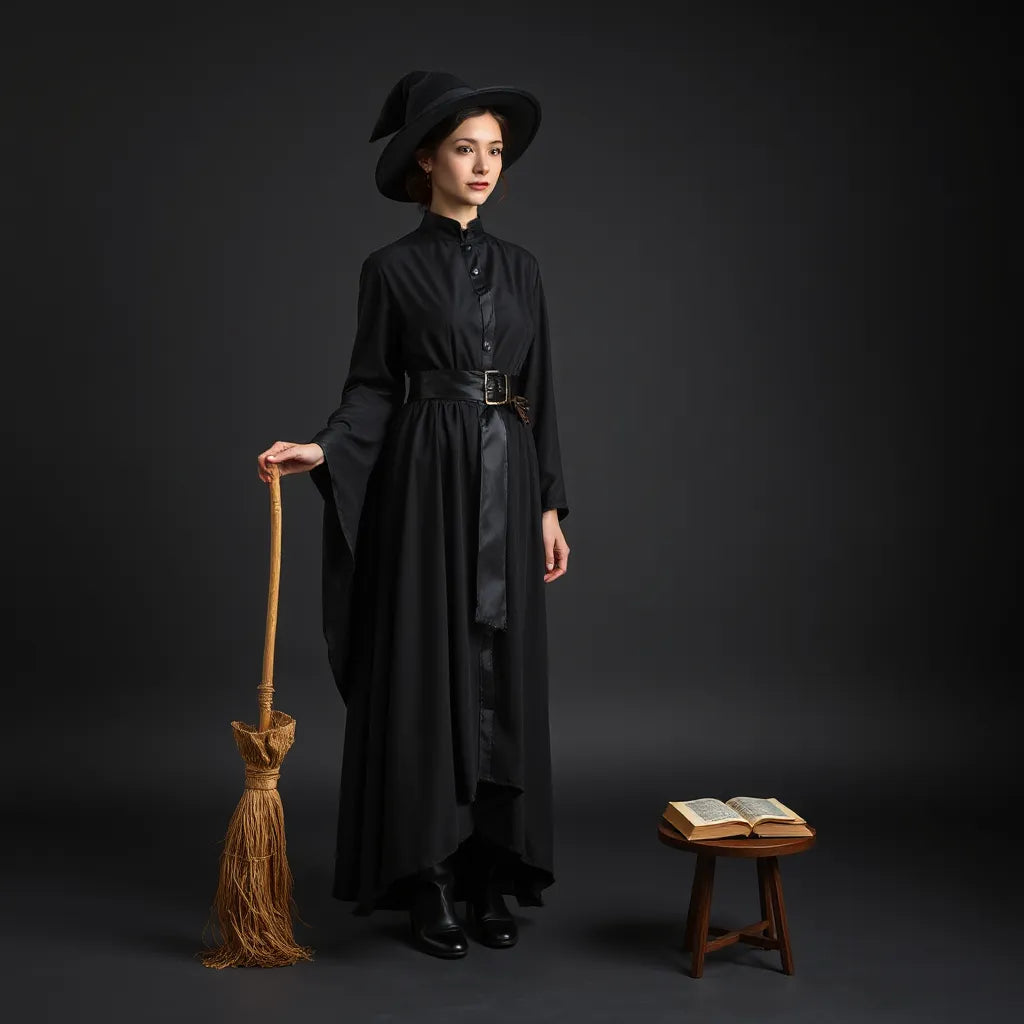 Woman in a classic witch costume with a wide-brim hat, dark robe, and cape, holding a broom.