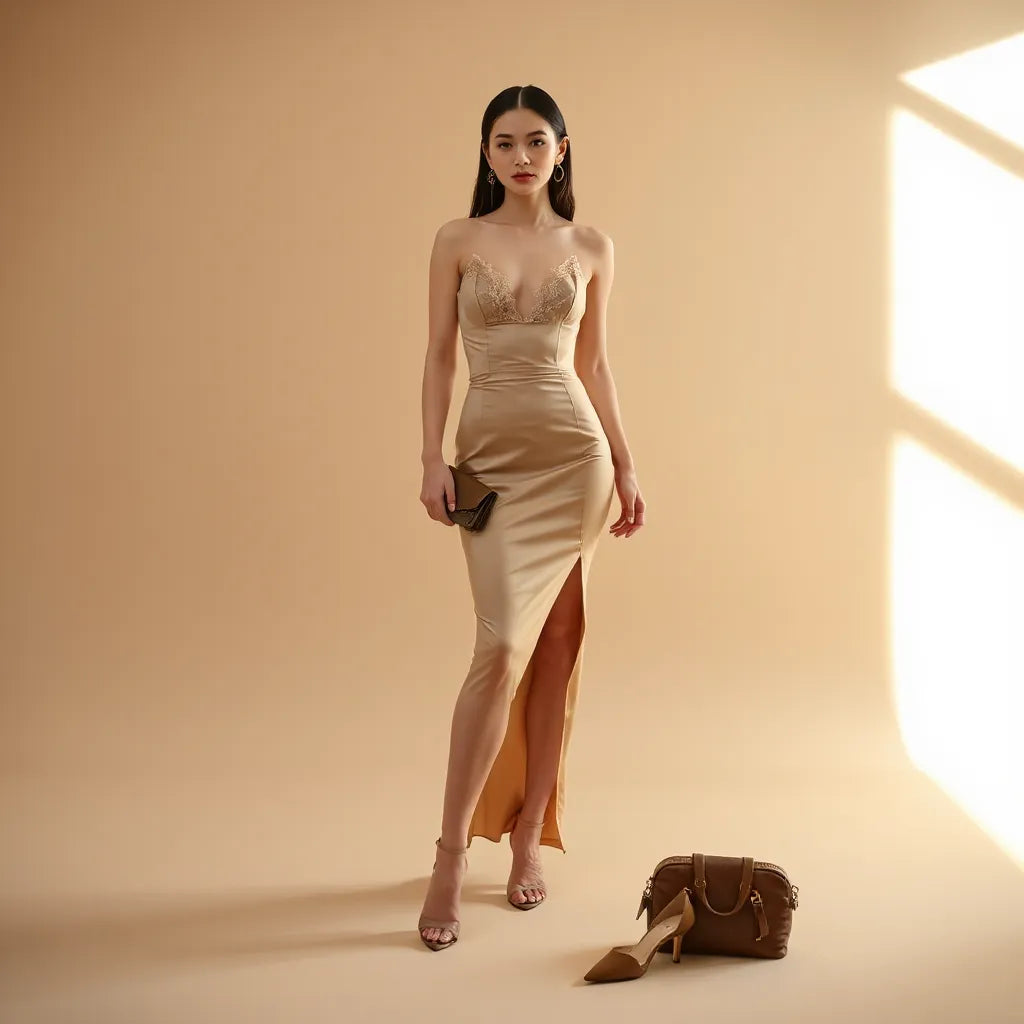 Model wearing a fitted sexy costume dress with lace details and elegant heels in a softly lit studio