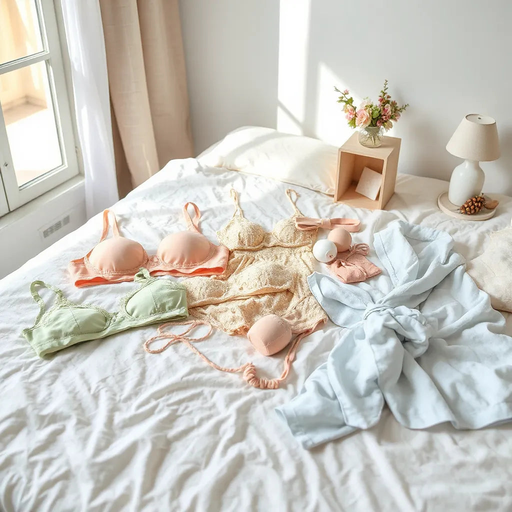 Pastel spring lingerie set neatly arranged on a sunlit bed with robe and matching pieces