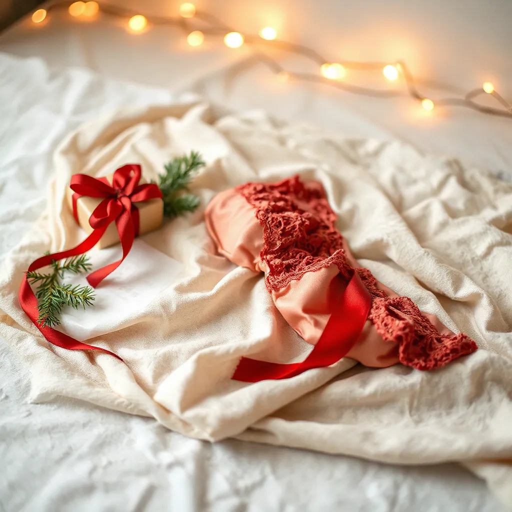 Satin lingerie set with ribbon, gift box, and warm holiday lights on a soft fabric surface