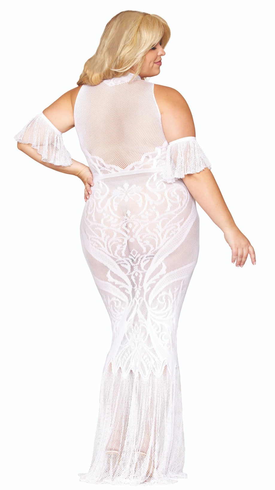 Plus size seamless geometric bodystocking gown in white.