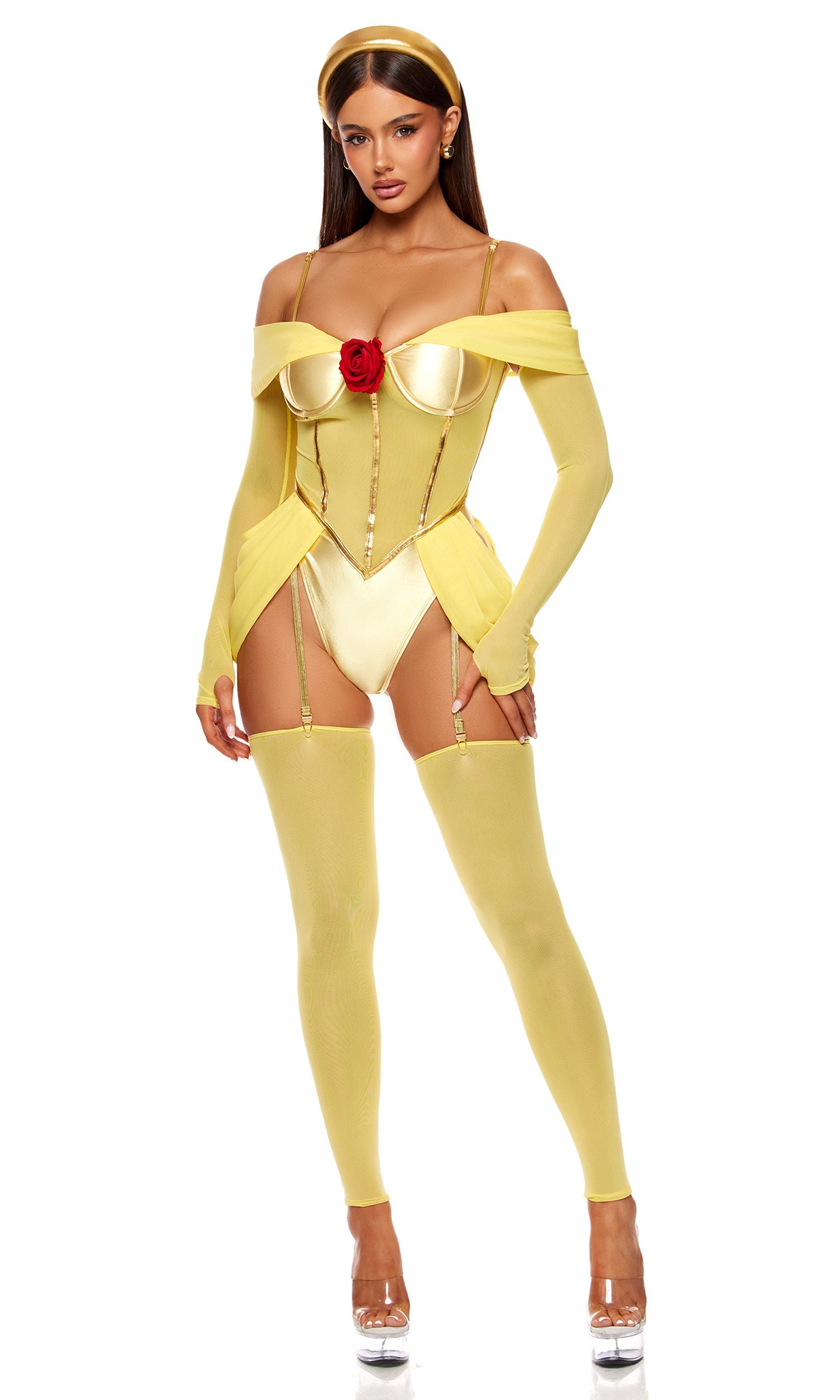 Yellow satin off-shoulder corset costume with red rose accent, gloves and leggings