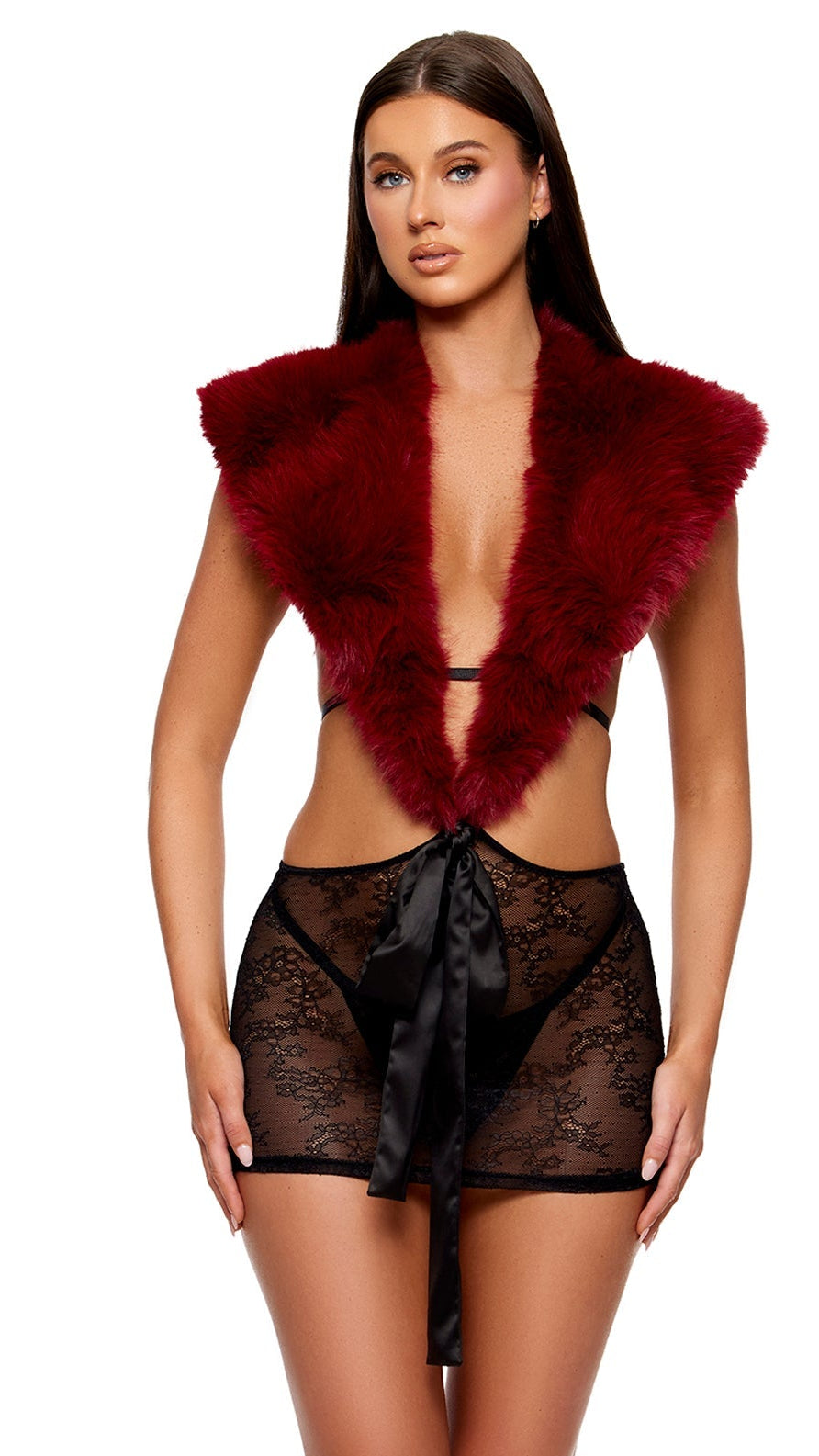 Model wearing the Fur The Night Lace and Faux Fur Chemise Set, showcasing a deep-red faux-fur collar with satin bow, black sheer lace slip, matching thong, and clear platform heels.