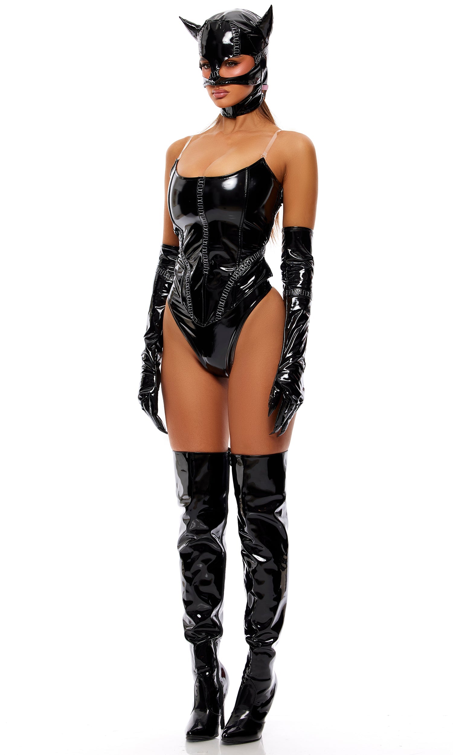 Sexy Noir Feline Villain 4-Piece Vinyl Corset Cat Halloween Costume