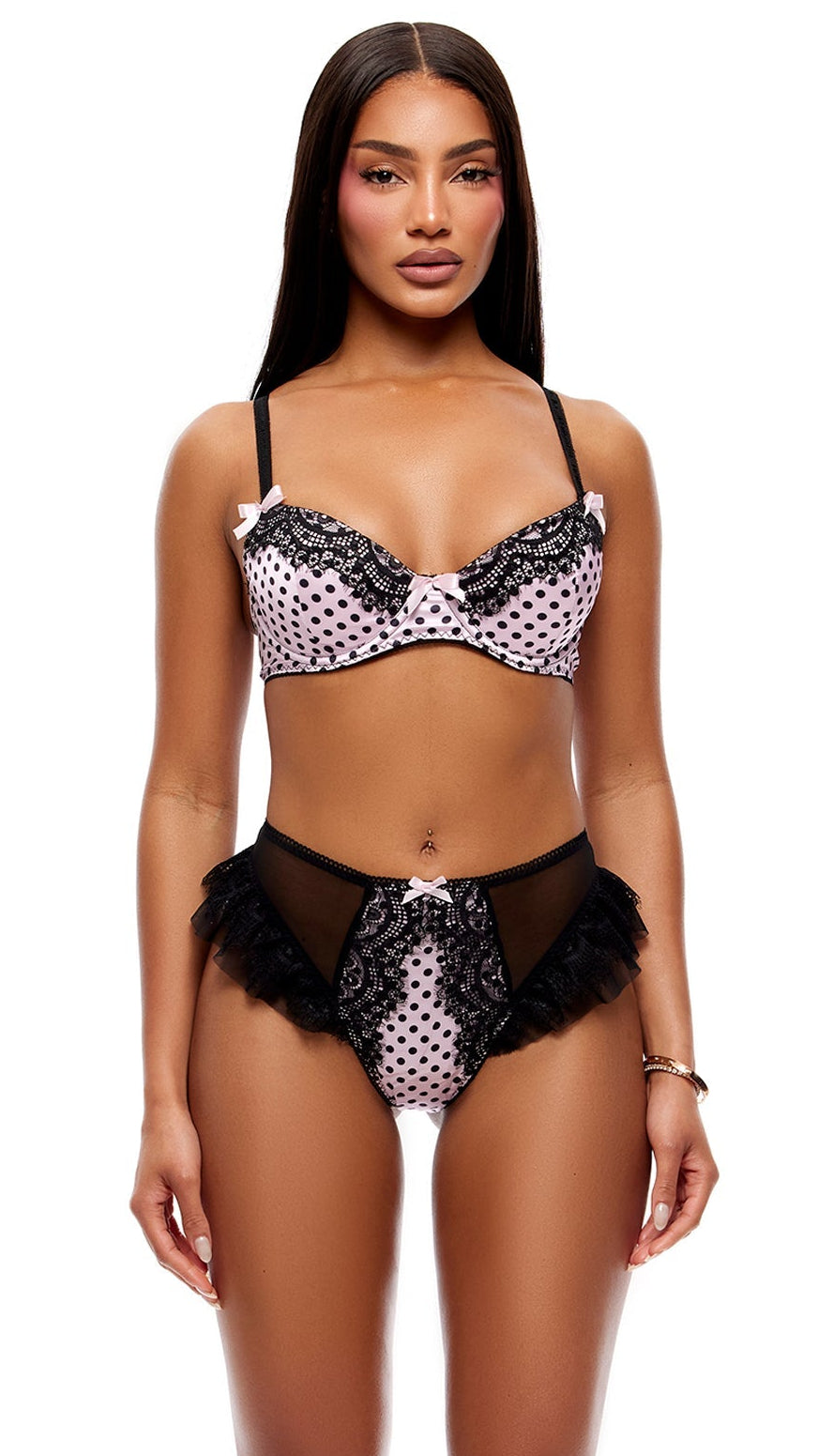 On The Dot 2-Piece Polka Dot Lace Bra and Thong Set - Light Pink/Black