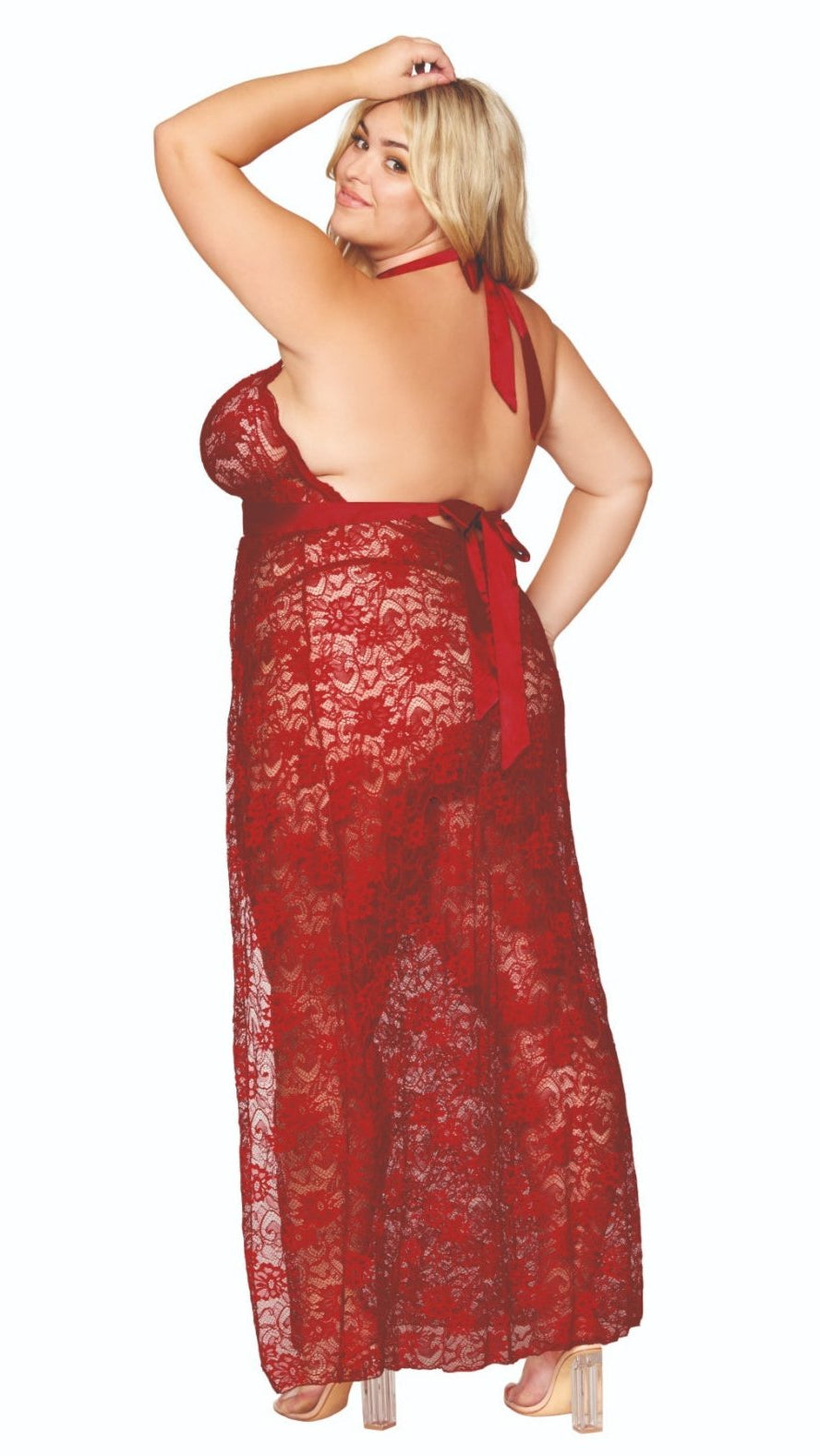 Plus size woman in red lace maxi gown from the back.