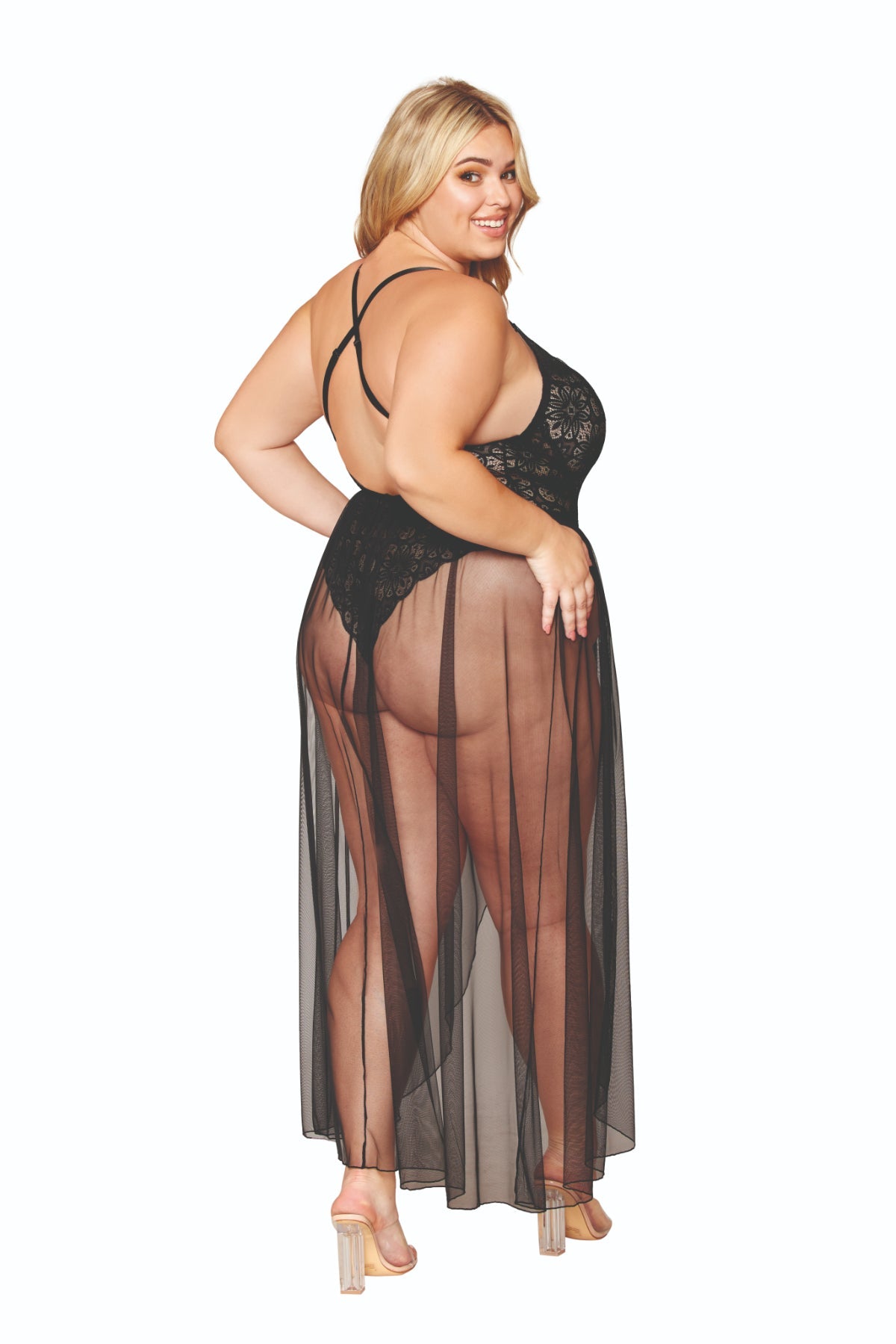 Plus size lace teddy and sheer skirt outfit for confident women.