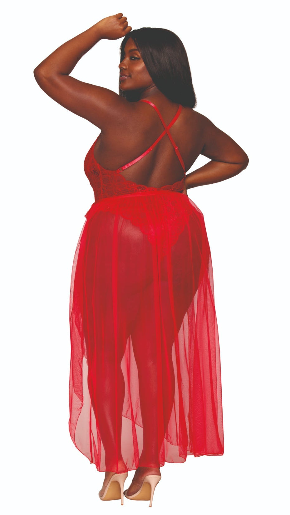 Plus size red lace teddy and sheer skirt combo outfit.