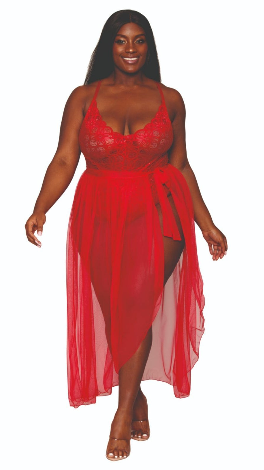 Plus size red lace teddy with sheer skirt for glamorous nights.