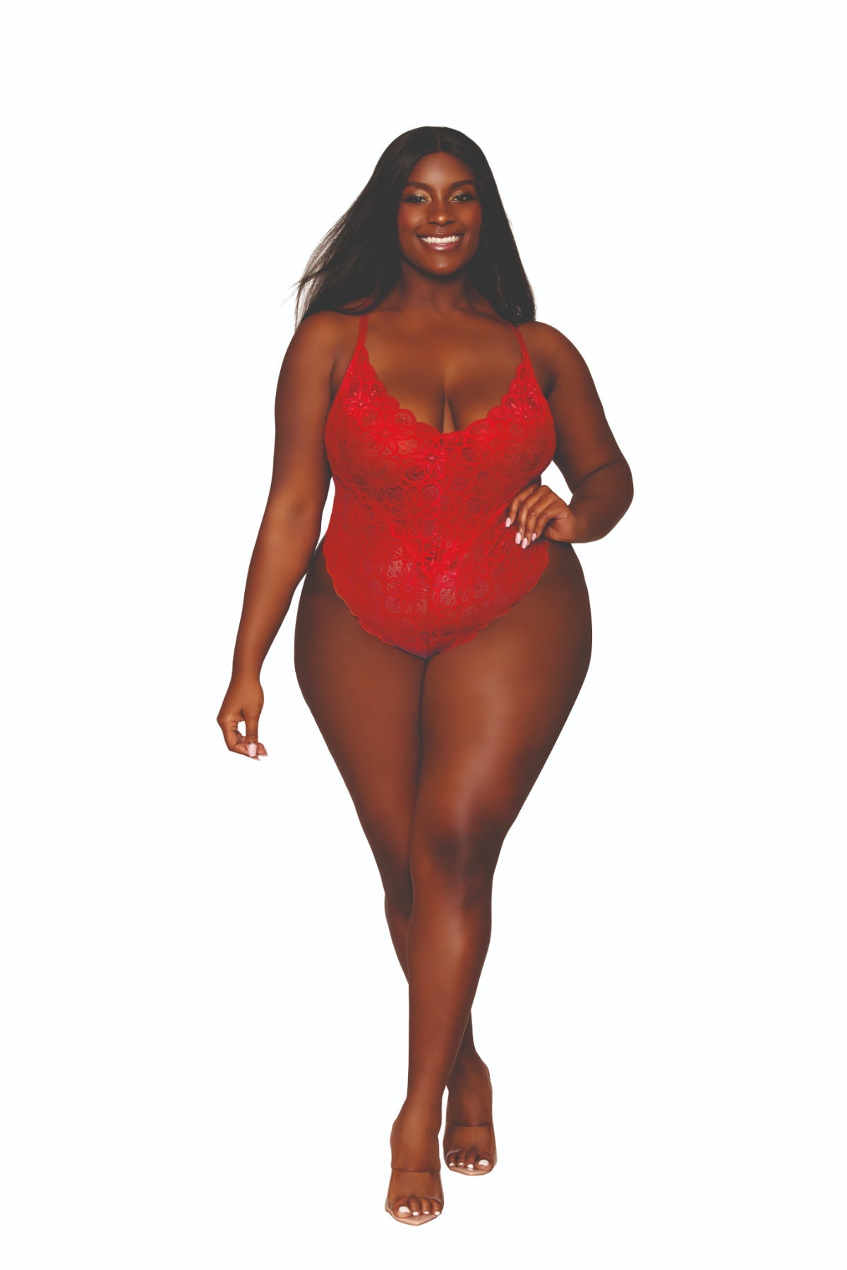 Fabulous plus size lace teddy and sheer skirt model in red.