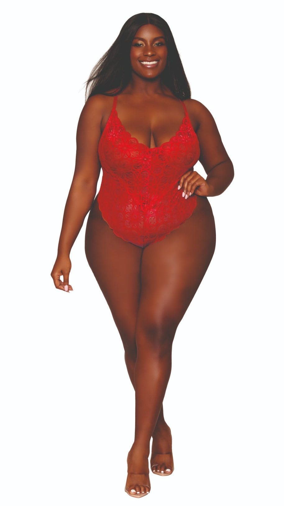 Fabulous plus size lace teddy and sheer skirt model in red.