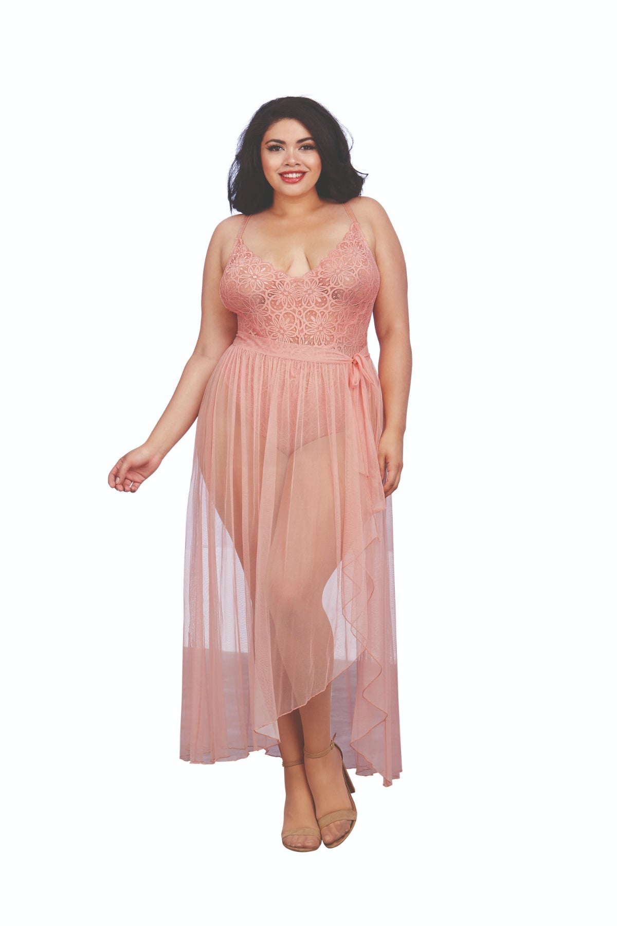 Fabulous plus size lace teddy and sheer skirt lingerie set.