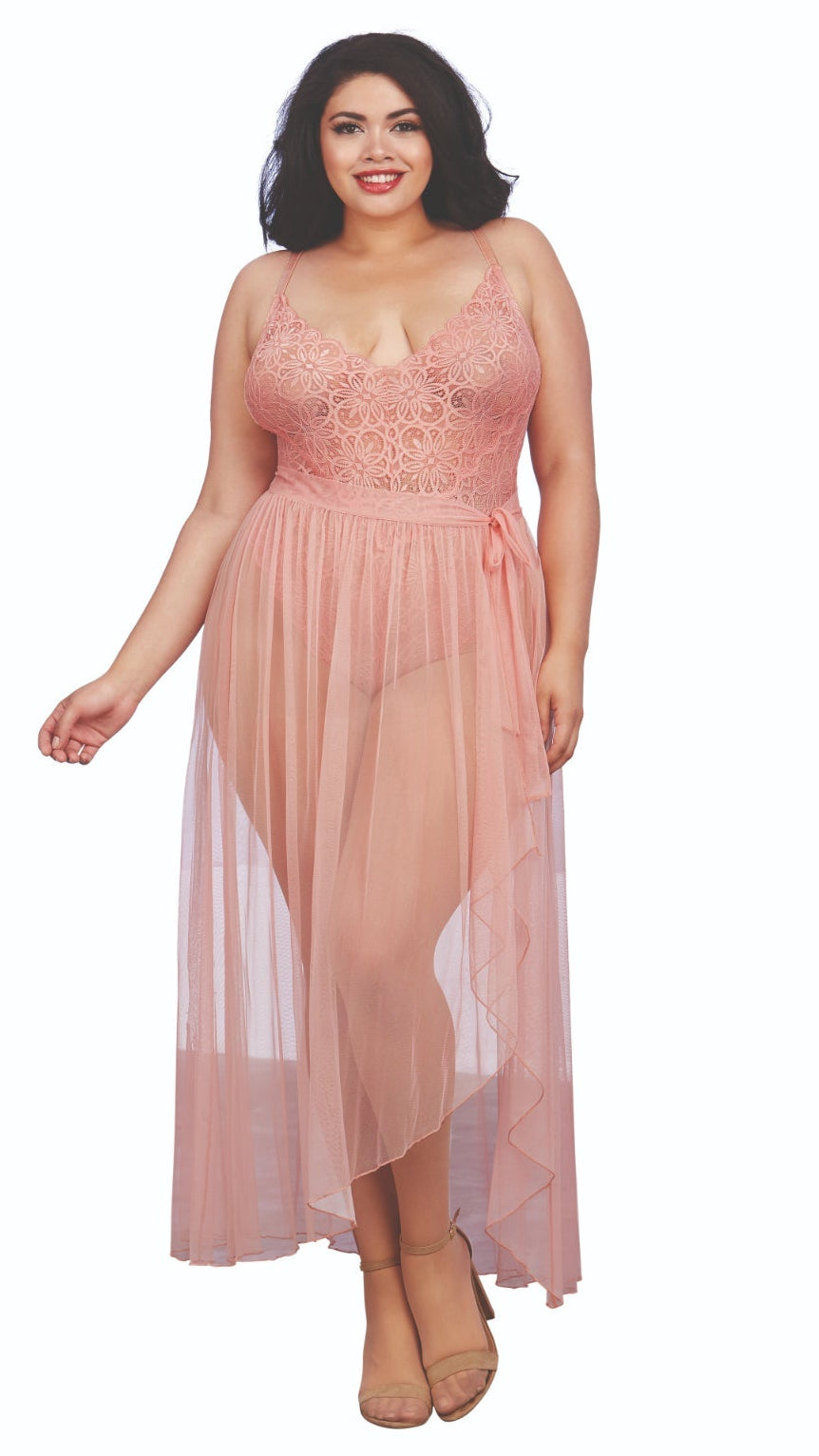 Fabulous plus size lace teddy and sheer skirt lingerie set.