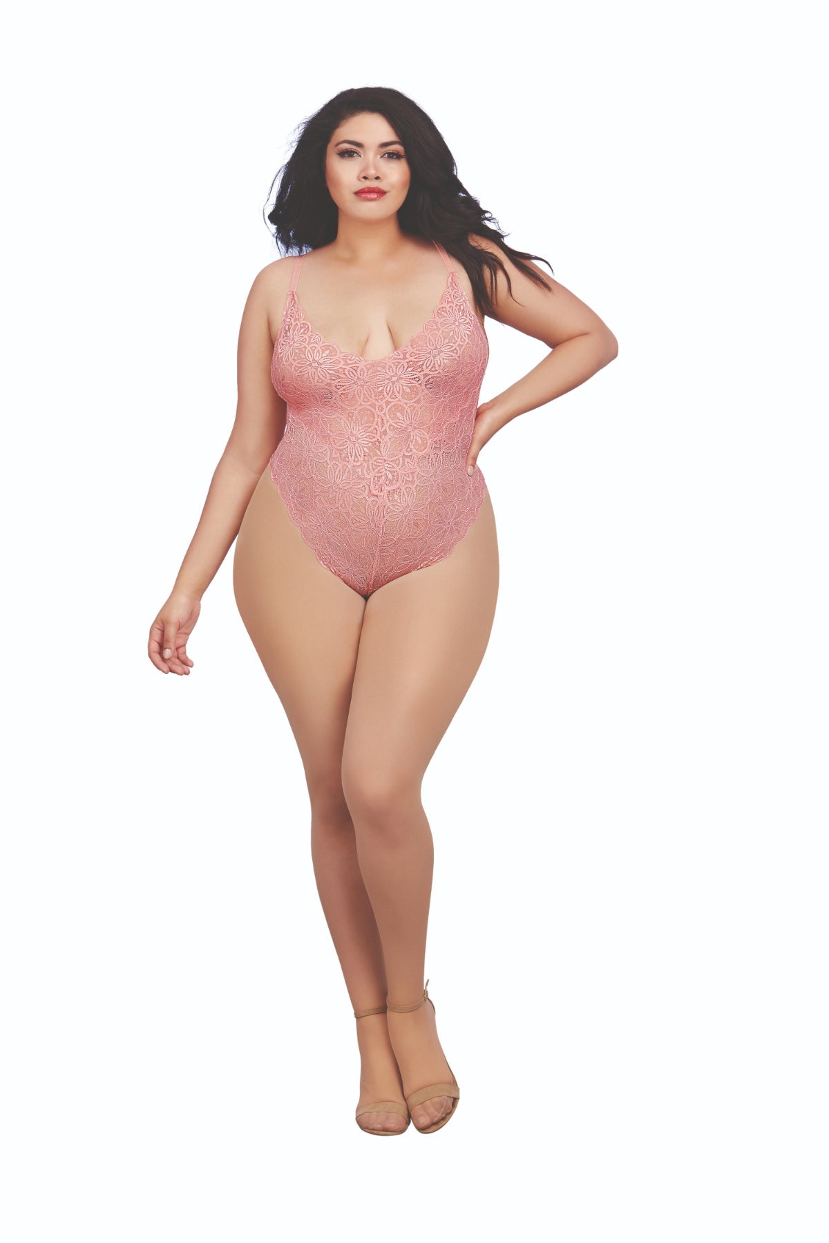 Fabulous plus size lace teddy and sheer skirt combo model image.