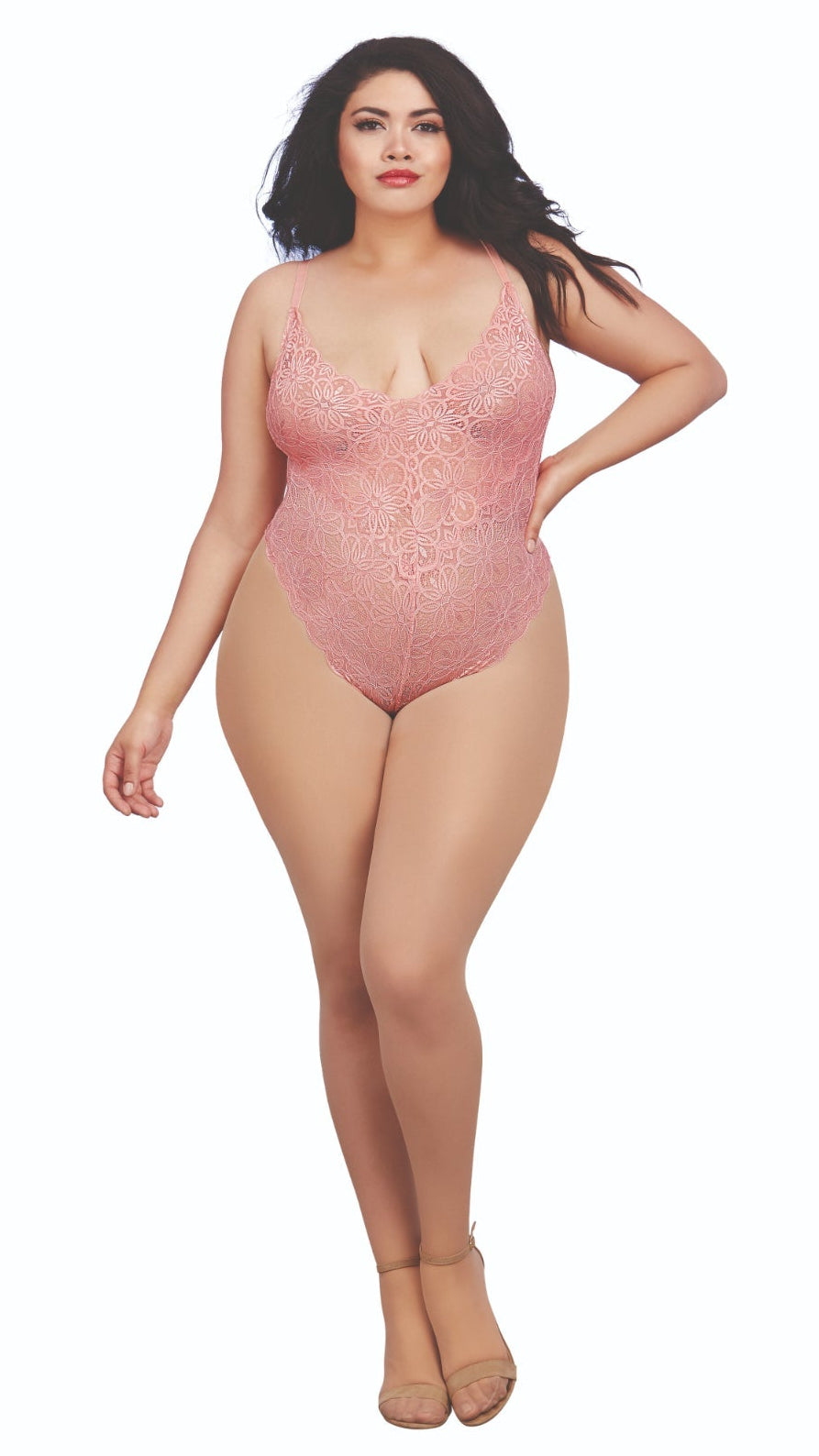 Fabulous plus size lace teddy and sheer skirt combo model image.