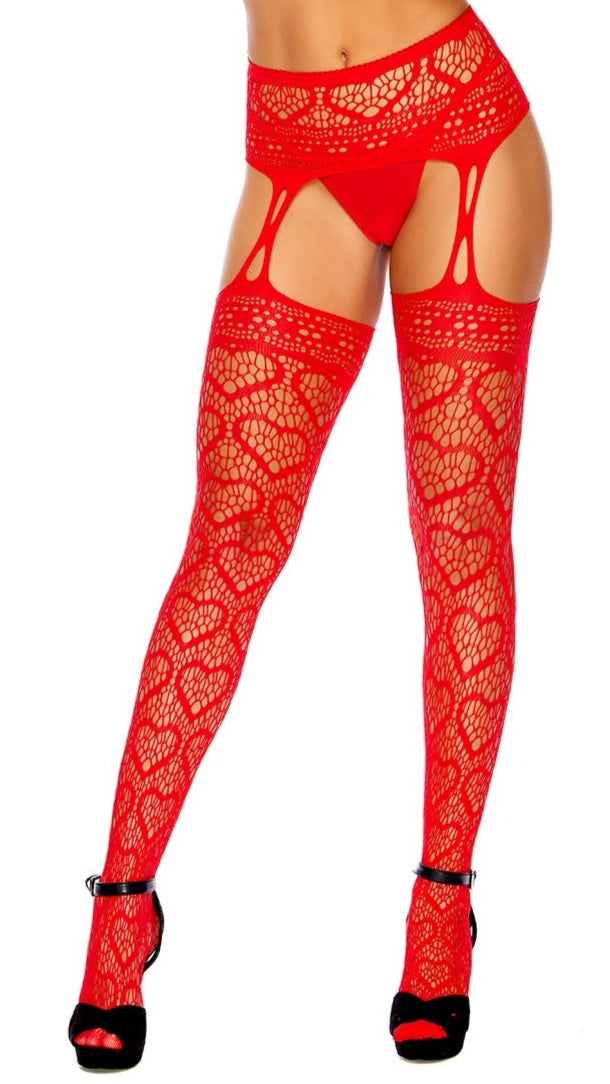 Heart net suspender pantyhose Red showcased with high-waisted lace garter belt, open-crotch panties, and thigh-high fishnet stockings featuring heart patterns, paired with black high-heeled sandals and chunky bracelets.
