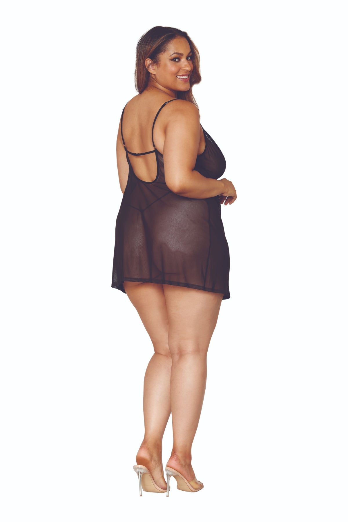 Plus size sheer chemise with robe collection, model showcasing elegant design.