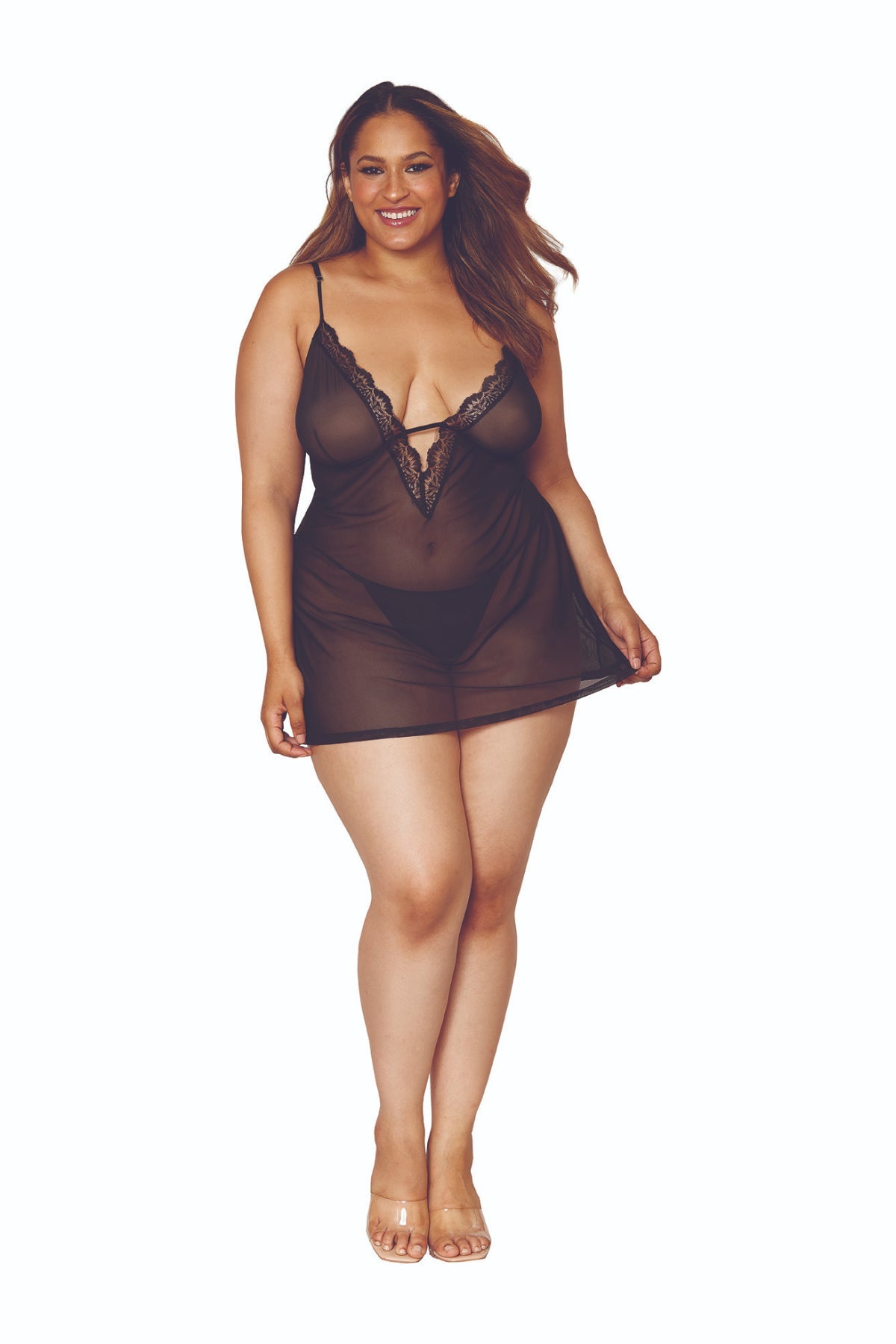 Plus size sheer chemise and robe model showcasing elegant loungewear.