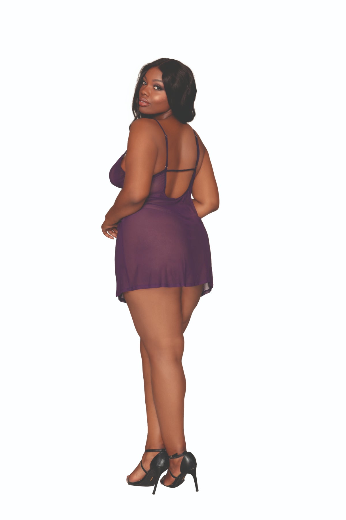 Plus size woman in sheer purple chemise and matching robe.