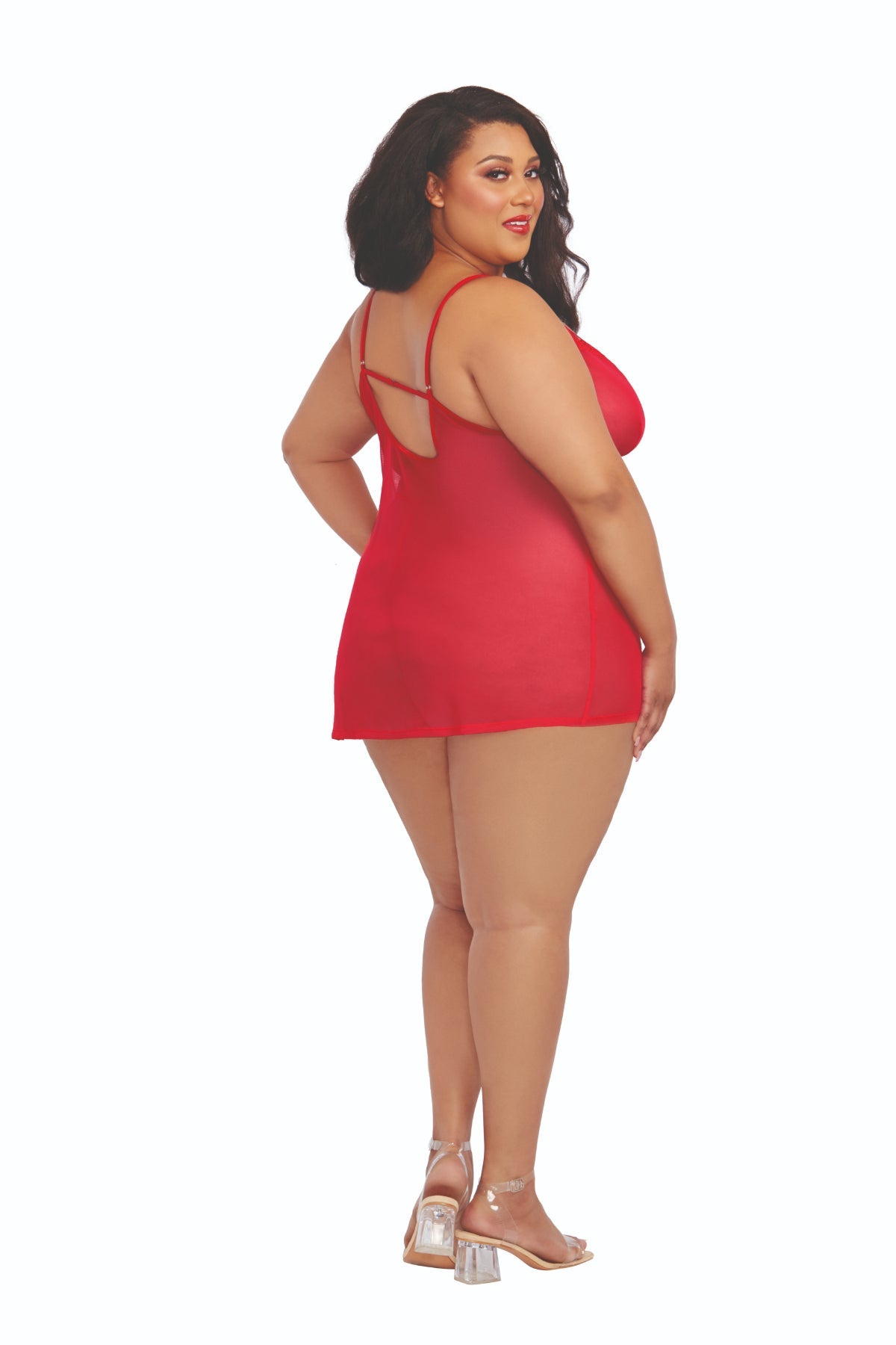 Plus size sheer chemise and robe in vibrant red, highlighting curves.