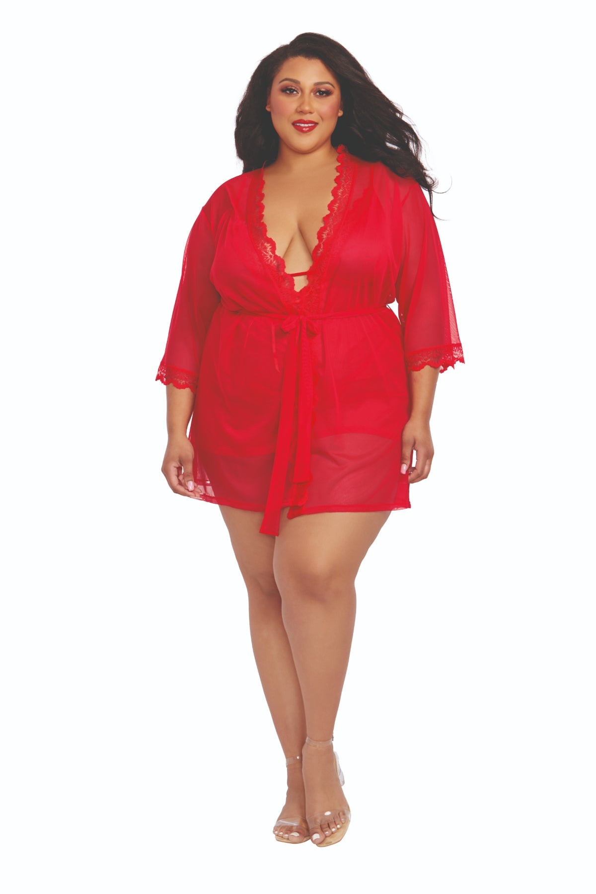Plus Size Red Sheer Chemise and Robe for Elegant Nightwear.
